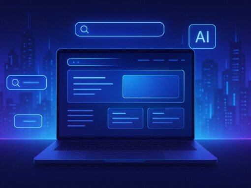 A modern, futuristic website interface glowing on a laptop screen, surrounded by holographic search bars and AI elements. The background shows a digital city skyline with bright neon lights.