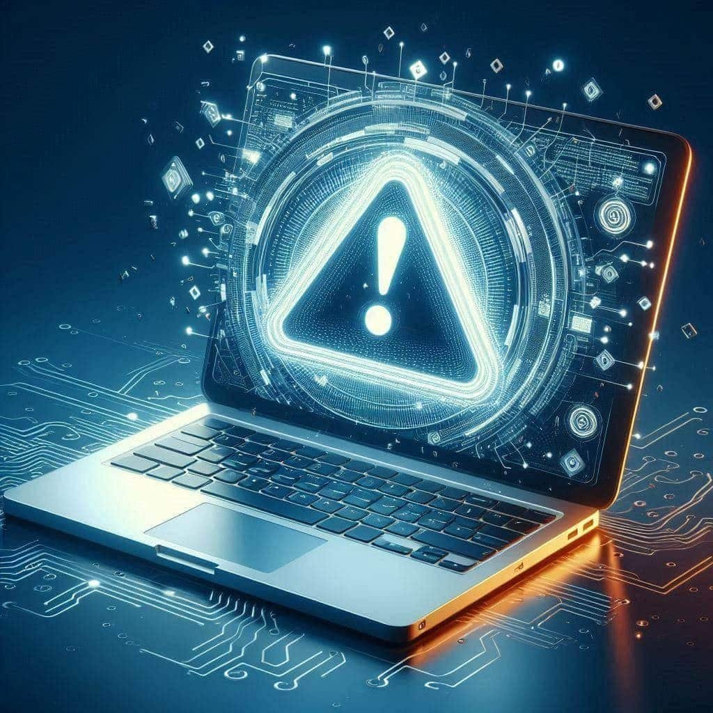 Digitales Warnsymbol auf Laptop, Fokus auf Website-Sicherheit und Webdesign.