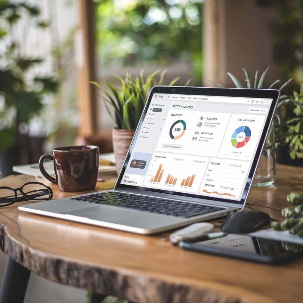 Laptop mit Webanalyse-Dashboard auf einem Holzschreibtisch, umgeben von Pflanzen und Kaffee.